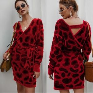 Red Leopard Print Faux-Fur Wrap Dress with Belt